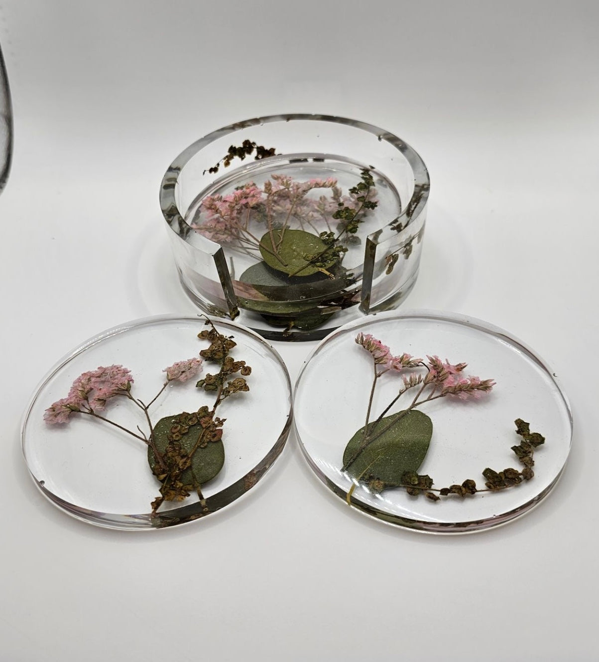 Pink Limonium Flowers Circle Coaster Set