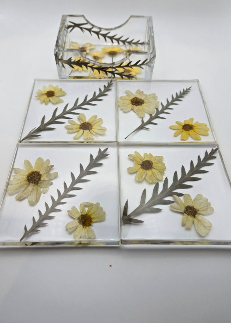 Yellow Creeping Zinnia Square Coaster Set