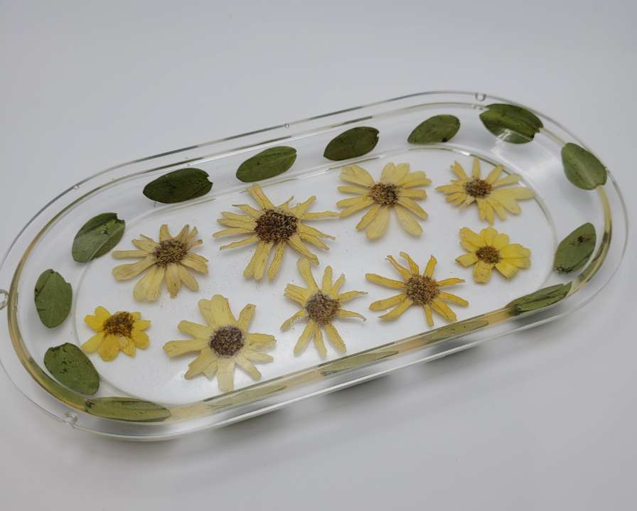 Yellow Creeping Zinnia and Eucalyptus Jewelry Dish